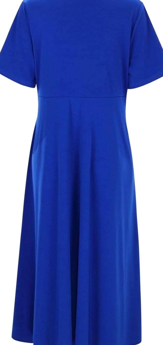 Women's V-Neck Crossover Ruched Waist A-Line Midi Dress Pockets