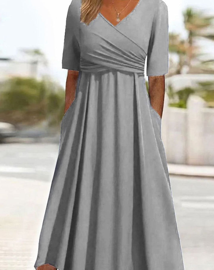 Women's V-Neck Crossover Ruched Waist A-Line Midi Dress Pockets - Grey