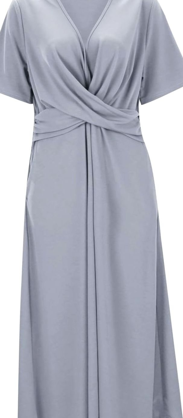 Women's V-Neck Crossover Ruched Waist A-Line Midi Dress Pockets