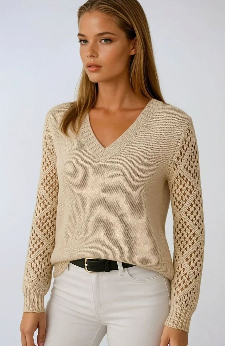 Women's V-Neck Diamond Crochet Sleeve Knitted Jumper