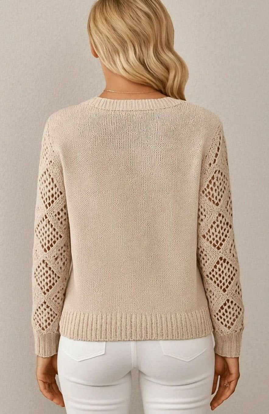 Women's V-Neck Diamond Crochet Sleeve Knitted Jumper