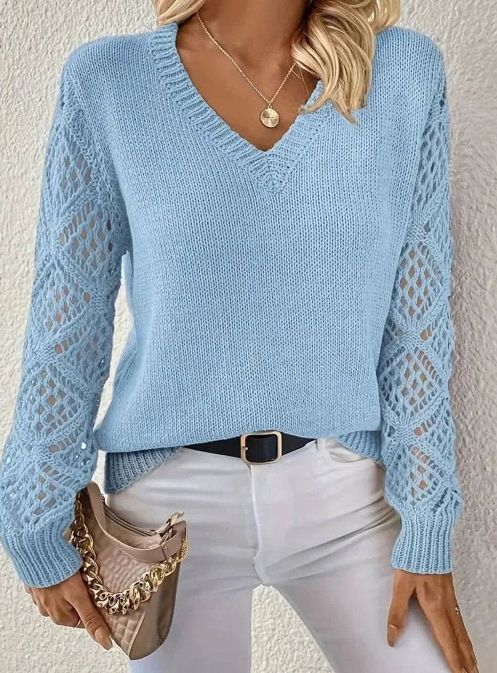 Women's V-Neck Diamond Crochet Sleeve Knitted Jumper