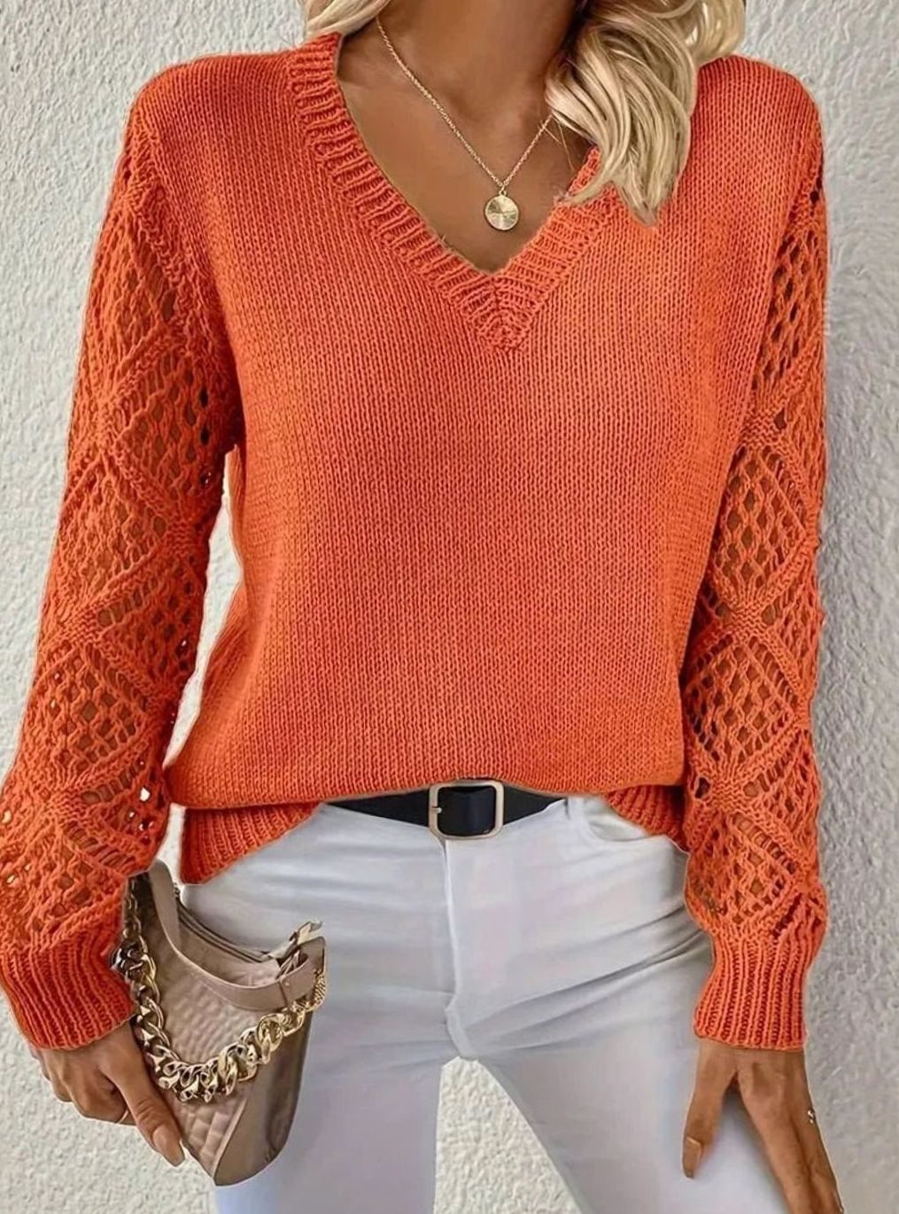 Women's V-Neck Diamond Crochet Sleeve Knitted Jumper