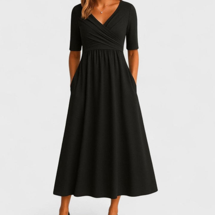 Women's V-Neck Empire Waist Flared Midi Dress Pockets