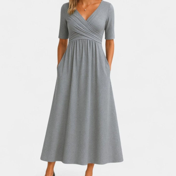 Women's V-Neck Empire Waist Flared Midi Dress Pockets