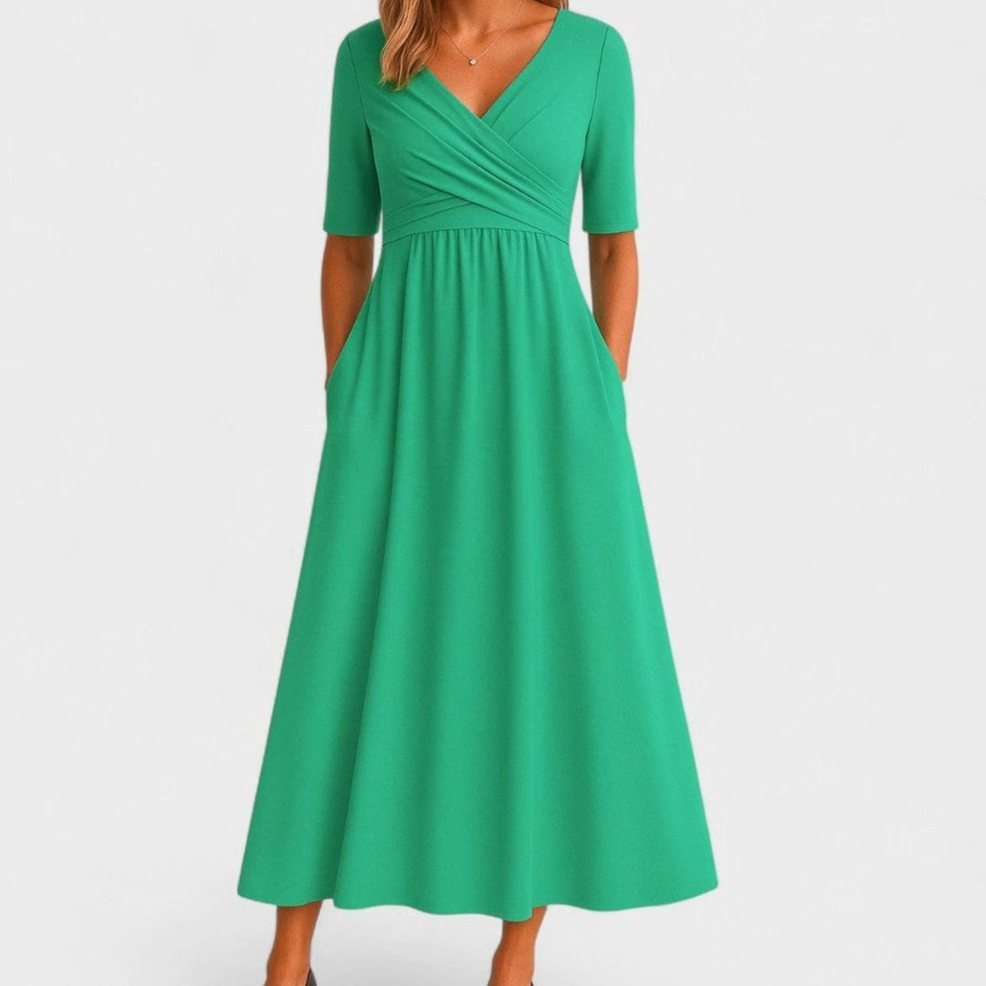 Women's V-Neck Empire Waist Flared Midi Dress Pockets