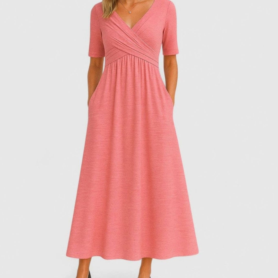 Women's V-Neck Empire Waist Flared Midi Dress Pockets