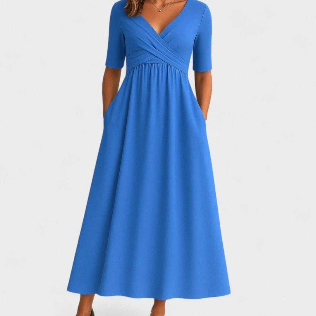 Women's V-Neck Empire Waist Flared Midi Dress Pockets