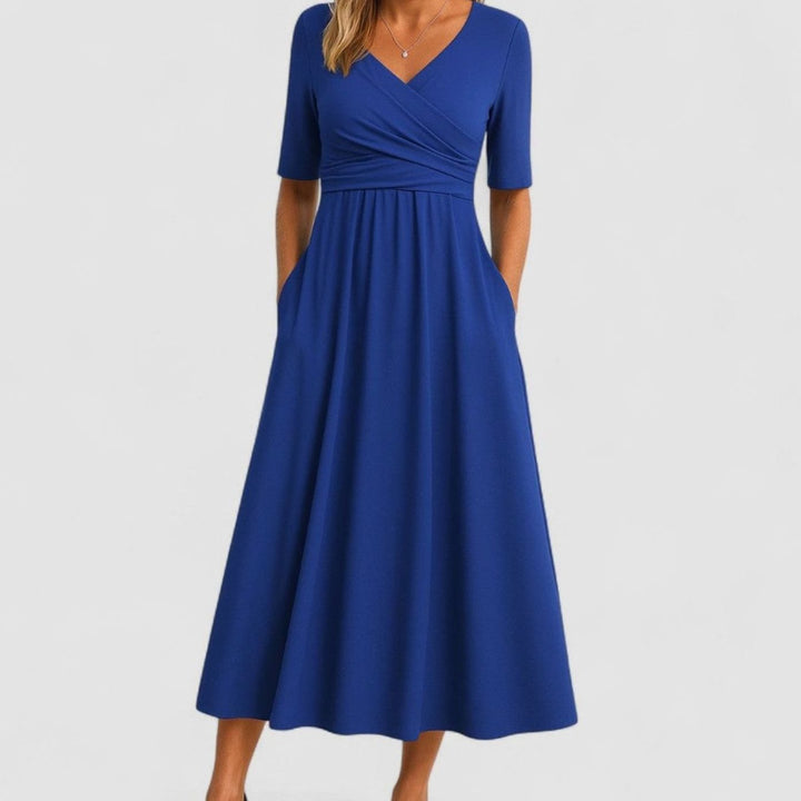 Women's V-Neck Empire Waist Flared Midi Dress Pockets, Black