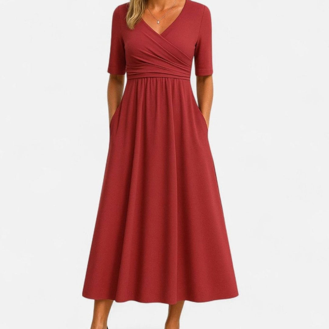 Women's V-Neck Empire Waist Flared Midi Dress Pockets, Black