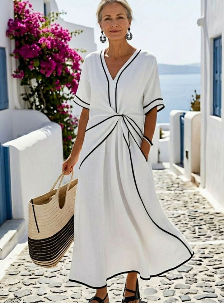 Women's V-Neck Gathered Waist Contrast-Trim Relaxed Midi Dress, White
