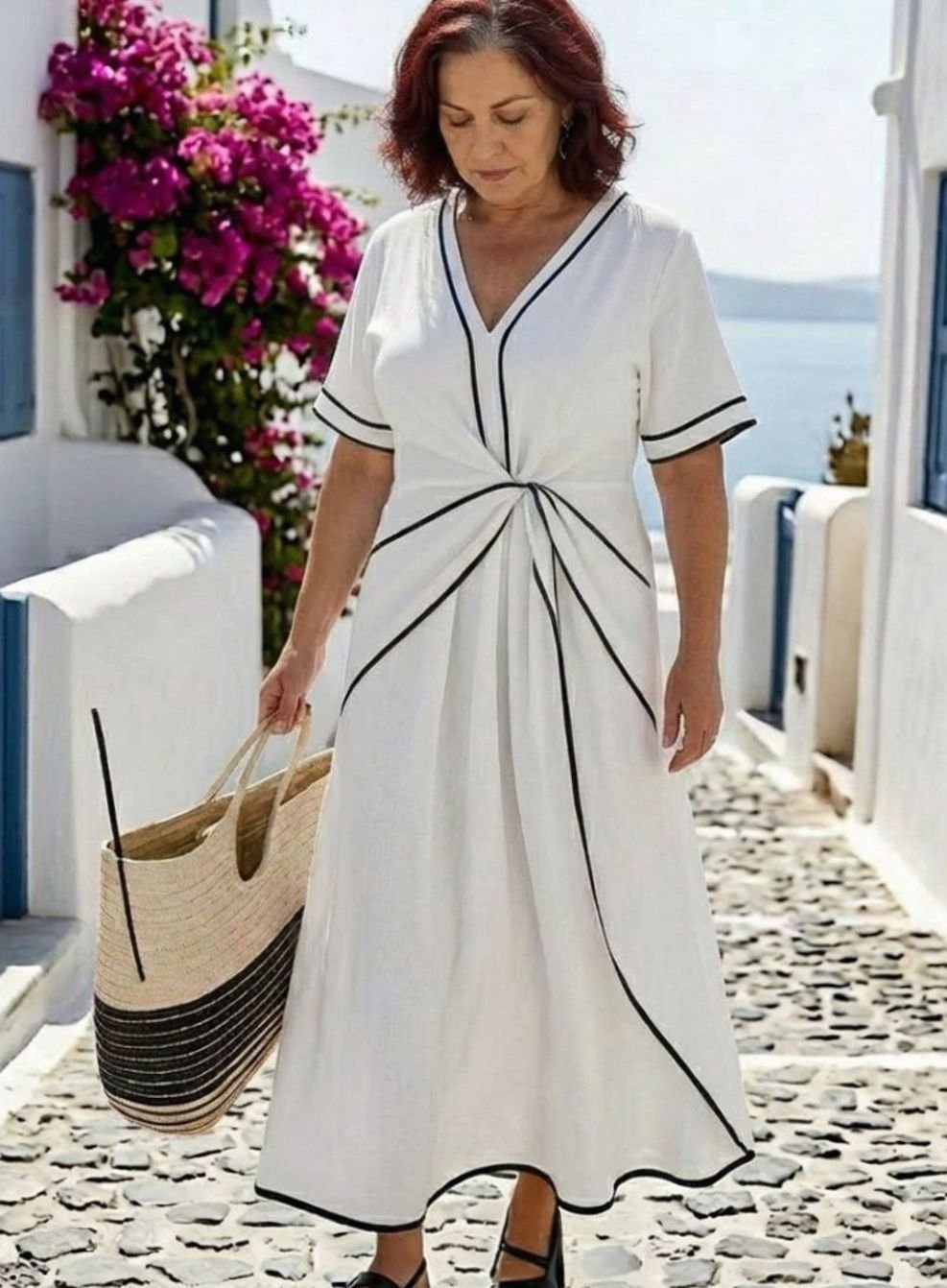 Women's V-Neck Gathered Waist Contrast-Trim Relaxed Midi Dress, White