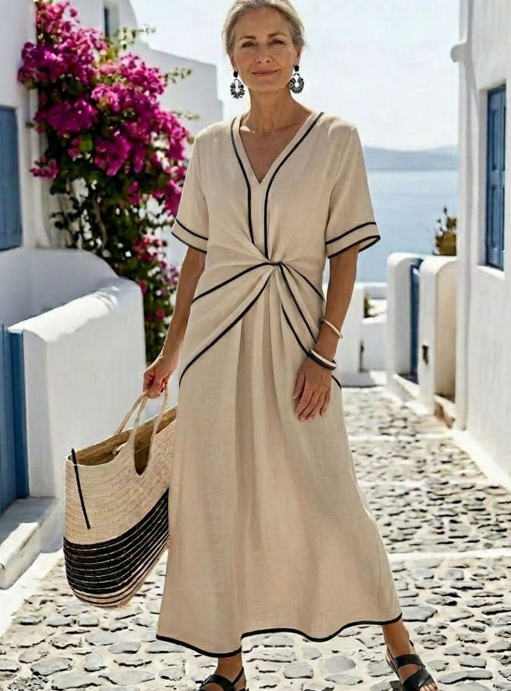 Women's V-Neck Gathered Waist Contrast-Trim Relaxed Midi Dress, White