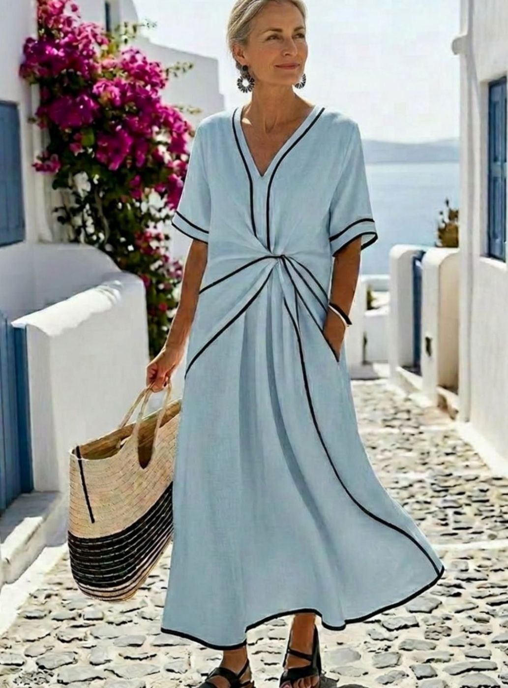 Women's V-Neck Gathered Waist Contrast-Trim Relaxed Midi Dress