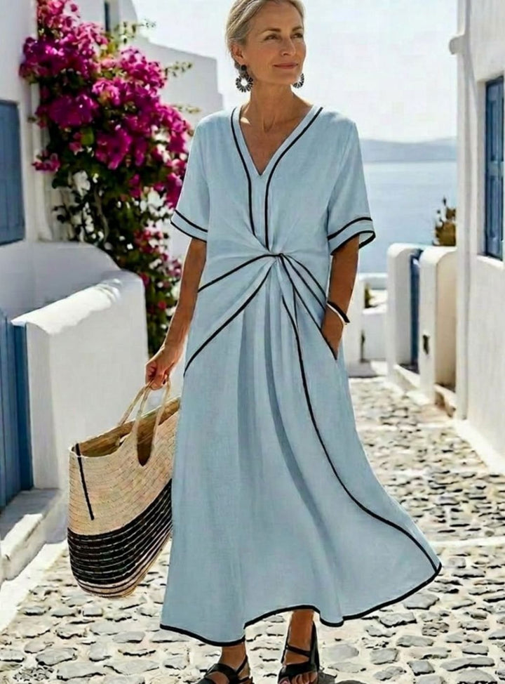 Women's V-Neck Gathered Waist Contrast-Trim Relaxed Midi Dress, White