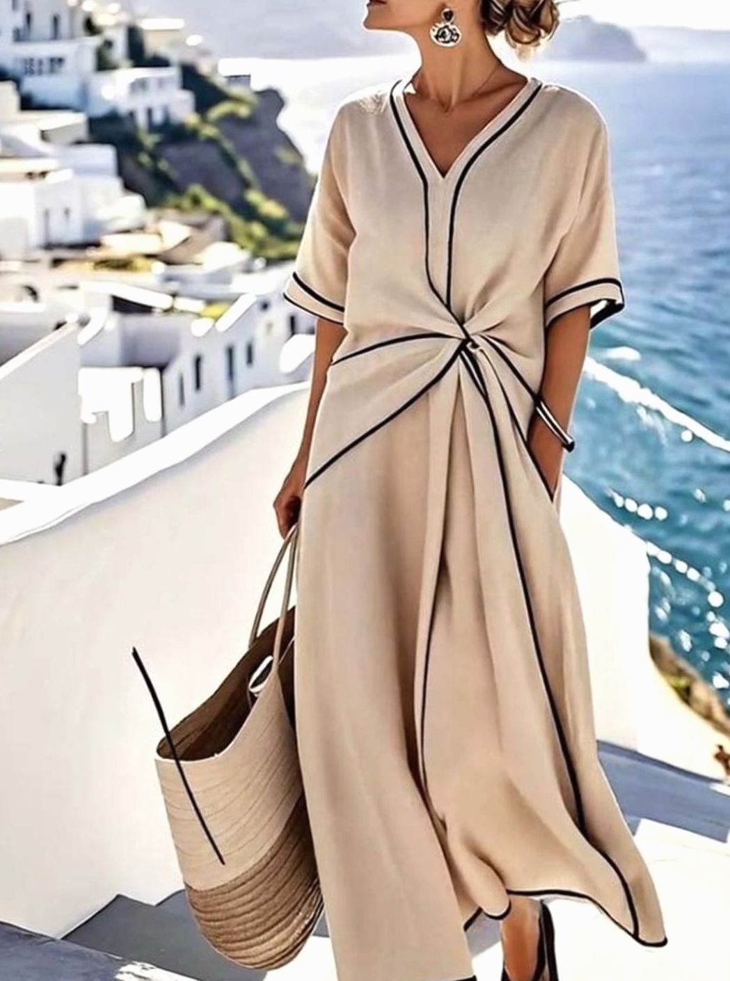 Women's V-Neck Knotted Midi Dress Contrasting Piping Trim, Apricot