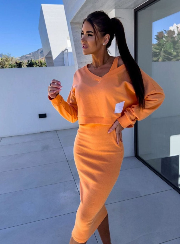 Women's V-Neck Oversized Sweatshirt Bodycon Midi Skirt Two-Piece Set - Orange
