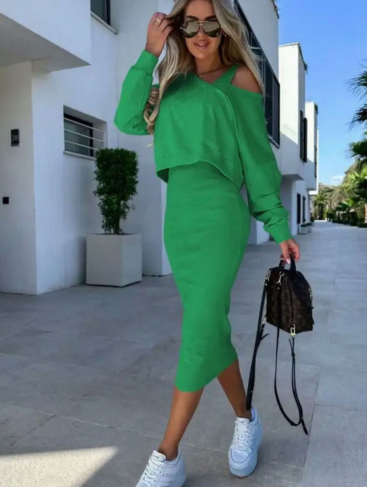 Women's V-Neck Oversized Sweatshirt Bodycon Midi Skirt Two-Piece Set - Green