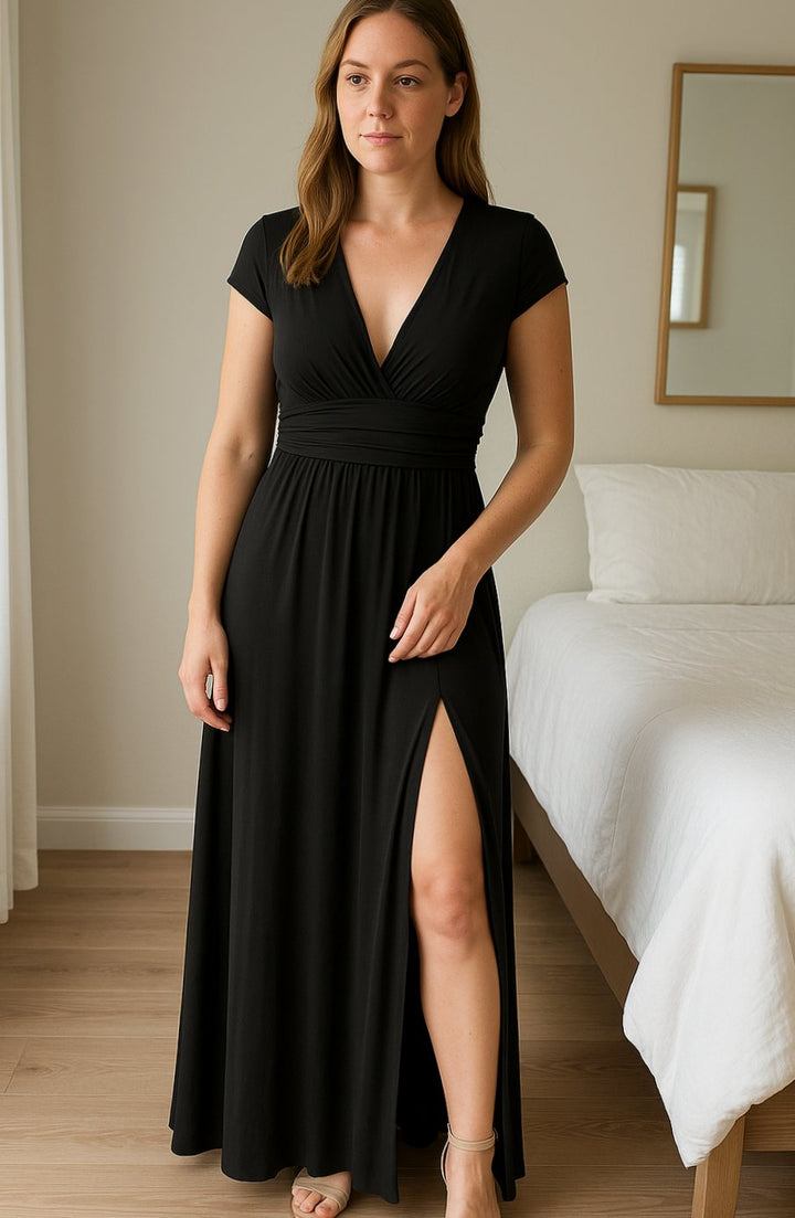 Women's V-Neck Pleated Maxi Dress Cap Sleeve High-Slit Evening Gown