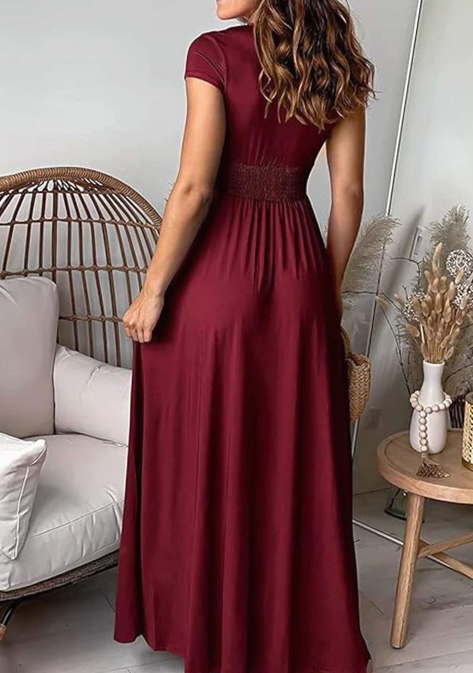 Women's V-Neck Pleated Maxi Dress Cap Sleeve High-Slit Evening Gown