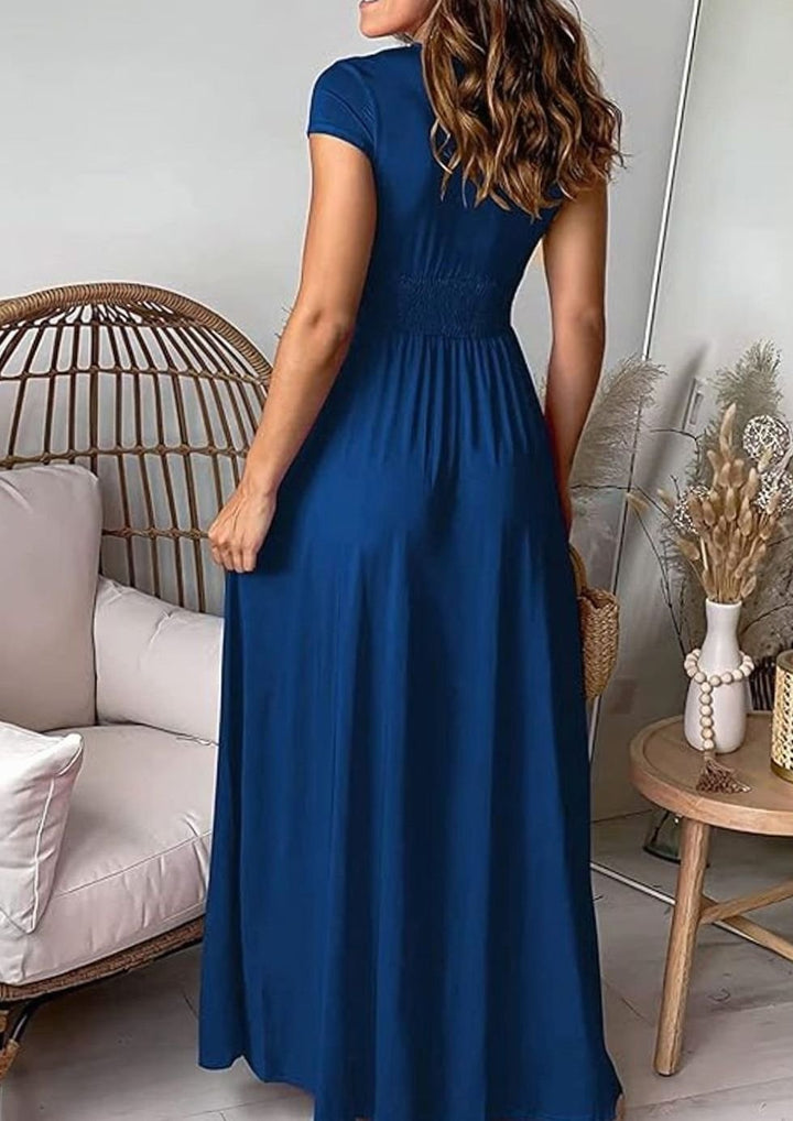 Women's V-Neck Pleated Maxi Dress Cap Sleeve High-Slit Evening Gown