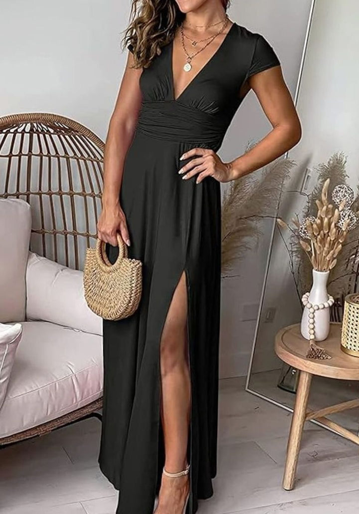 Women's V-Neck Pleated Maxi Dress Cap Sleeve High-Slit Evening Gown