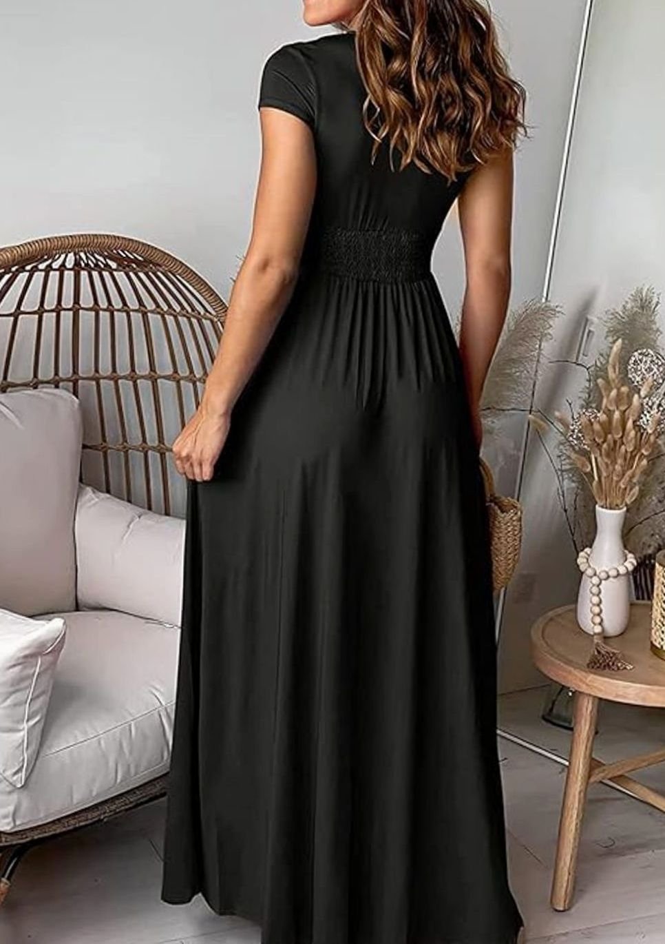 Women's V-Neck Pleated Maxi Dress Cap Sleeve High-Slit Evening Gown