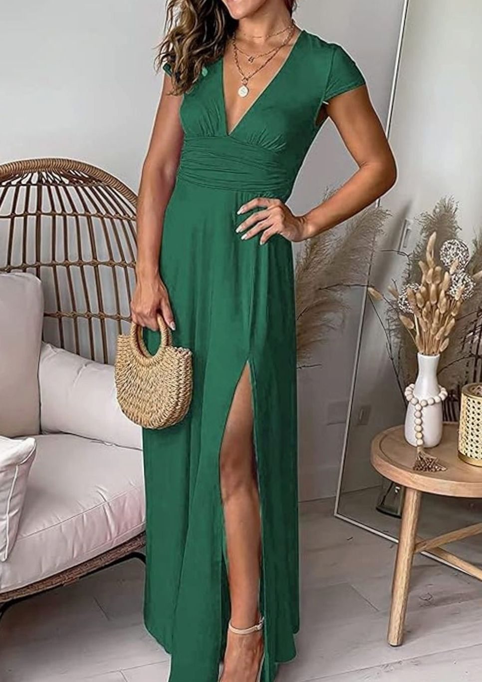 Women's V-Neck Pleated Maxi Dress Cap Sleeve High-Slit Evening Gown