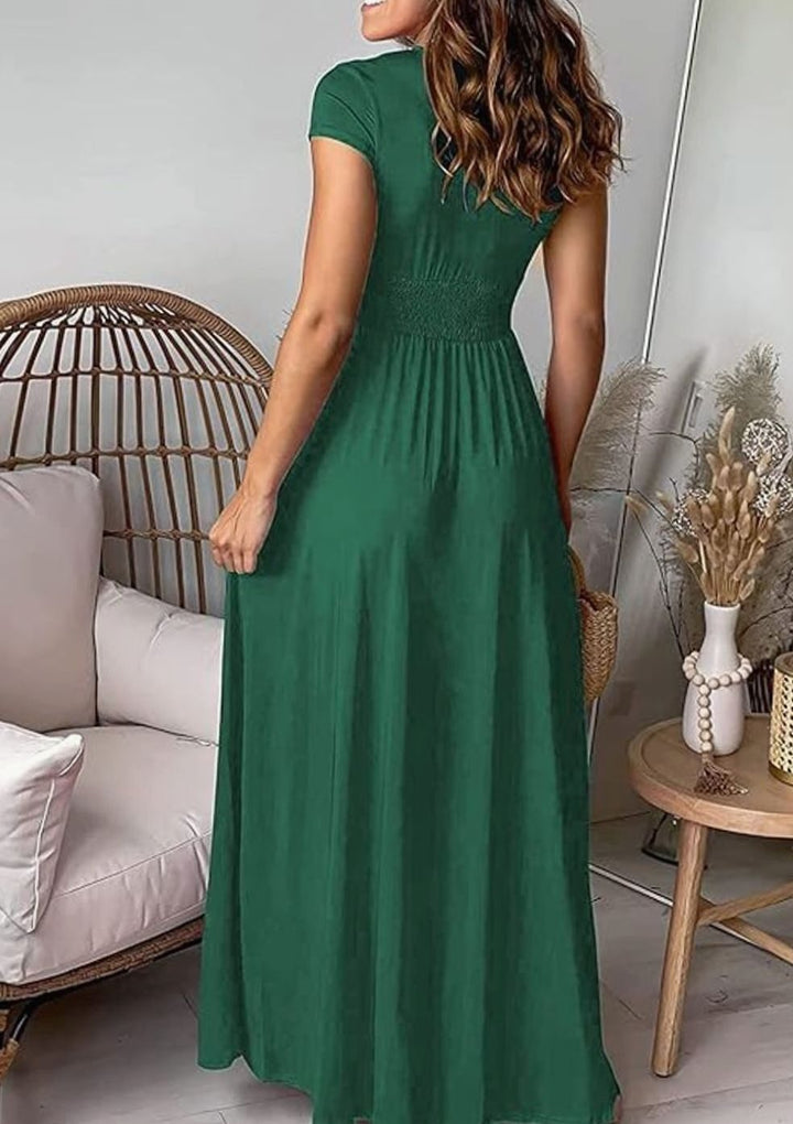 Women's V-Neck Pleated Maxi Dress Cap Sleeve High-Slit Evening Gown