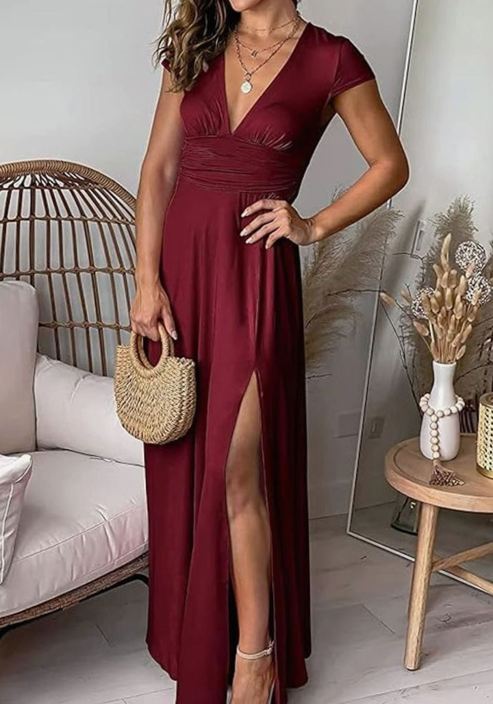 Women's V-Neck Pleated Maxi Dress Cap Sleeve High-Slit Evening Gown