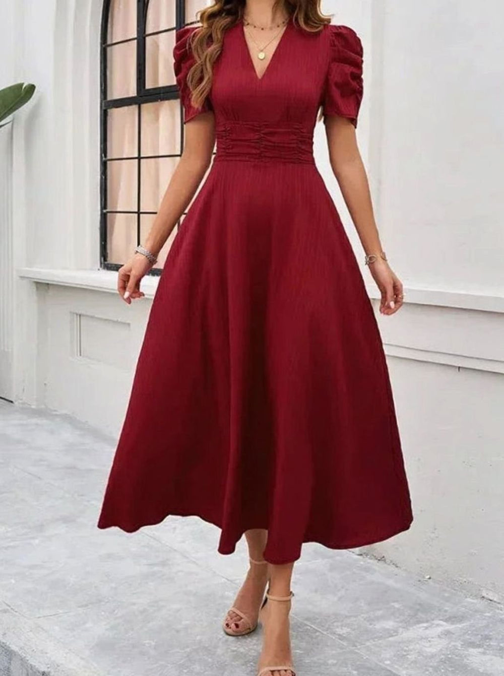 Women's V-Neck Puff Sleeve Ruched Waist A-Line Midi Dress