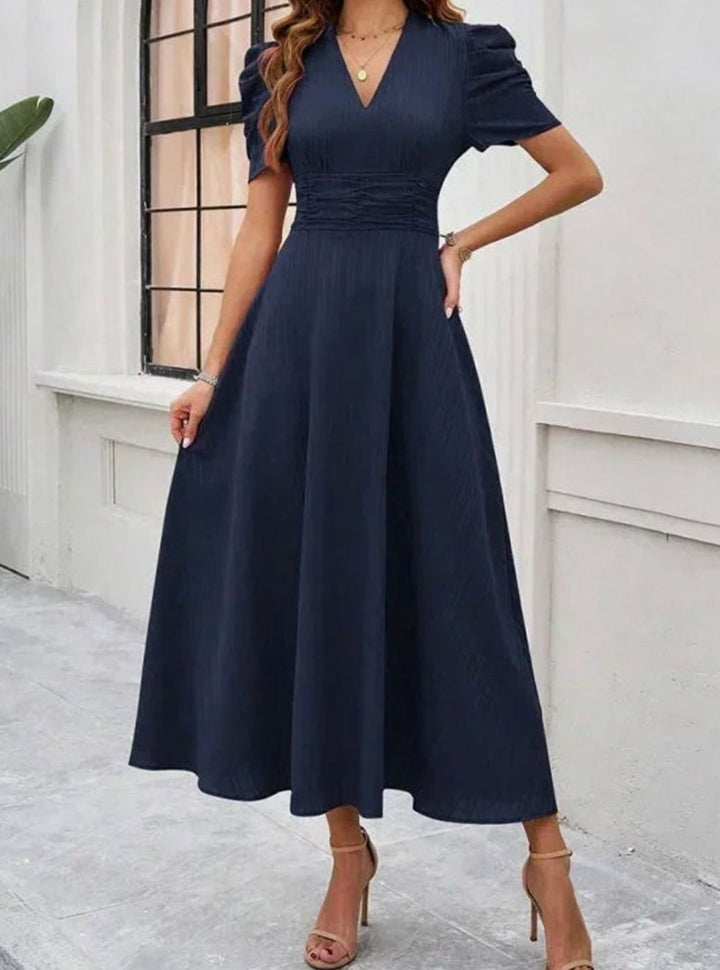 Women's V-Neck Puff Sleeve Ruched Waist A-Line Midi Dress