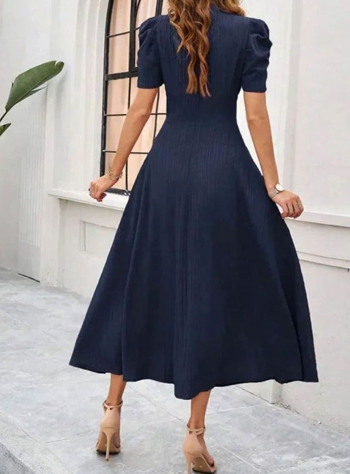 Women's V-Neck Puff Sleeve Ruched Waist A-Line Midi Dress