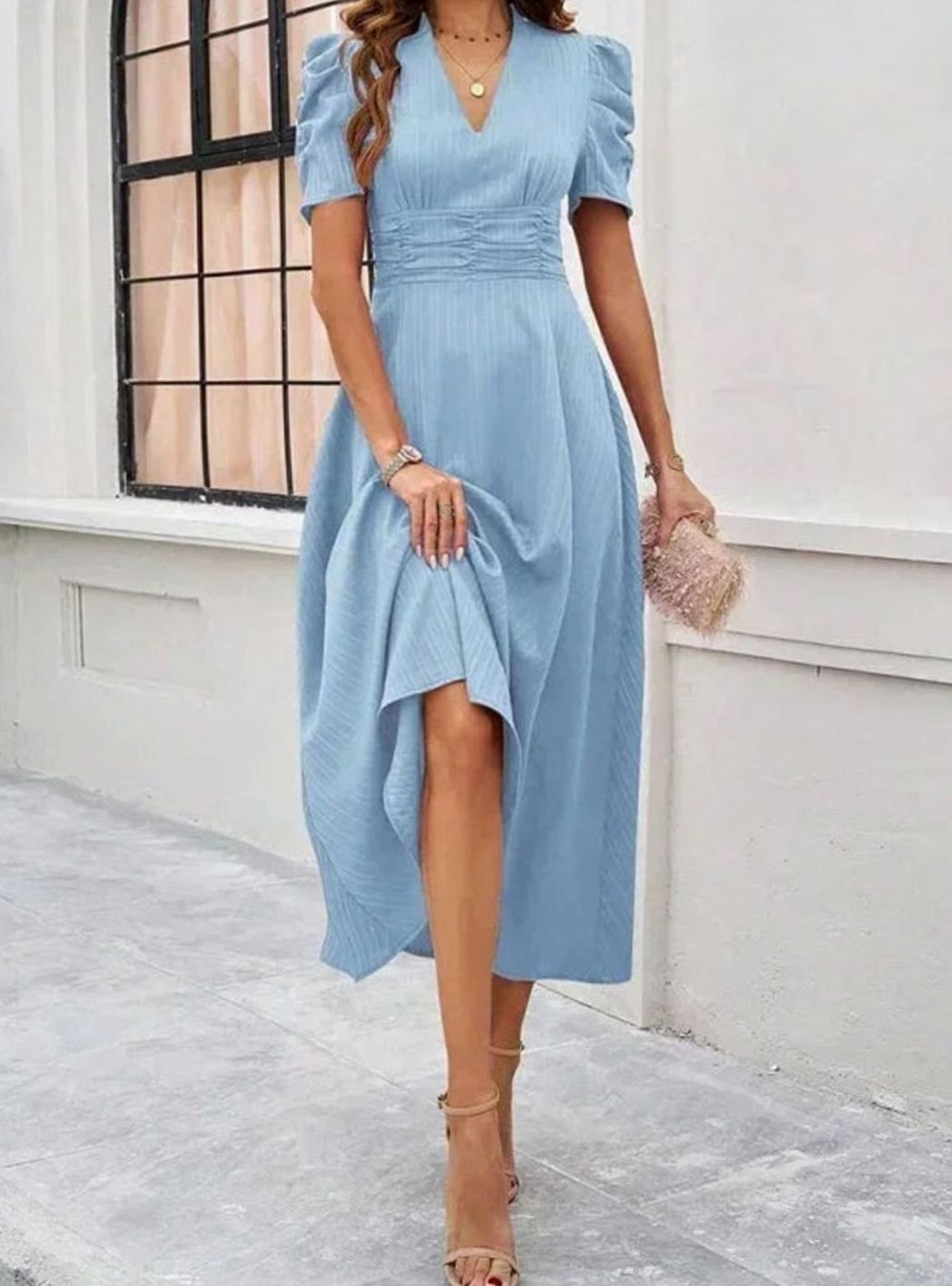 Women's V-Neck Puff Sleeve Ruched Waist A-Line Midi Dress