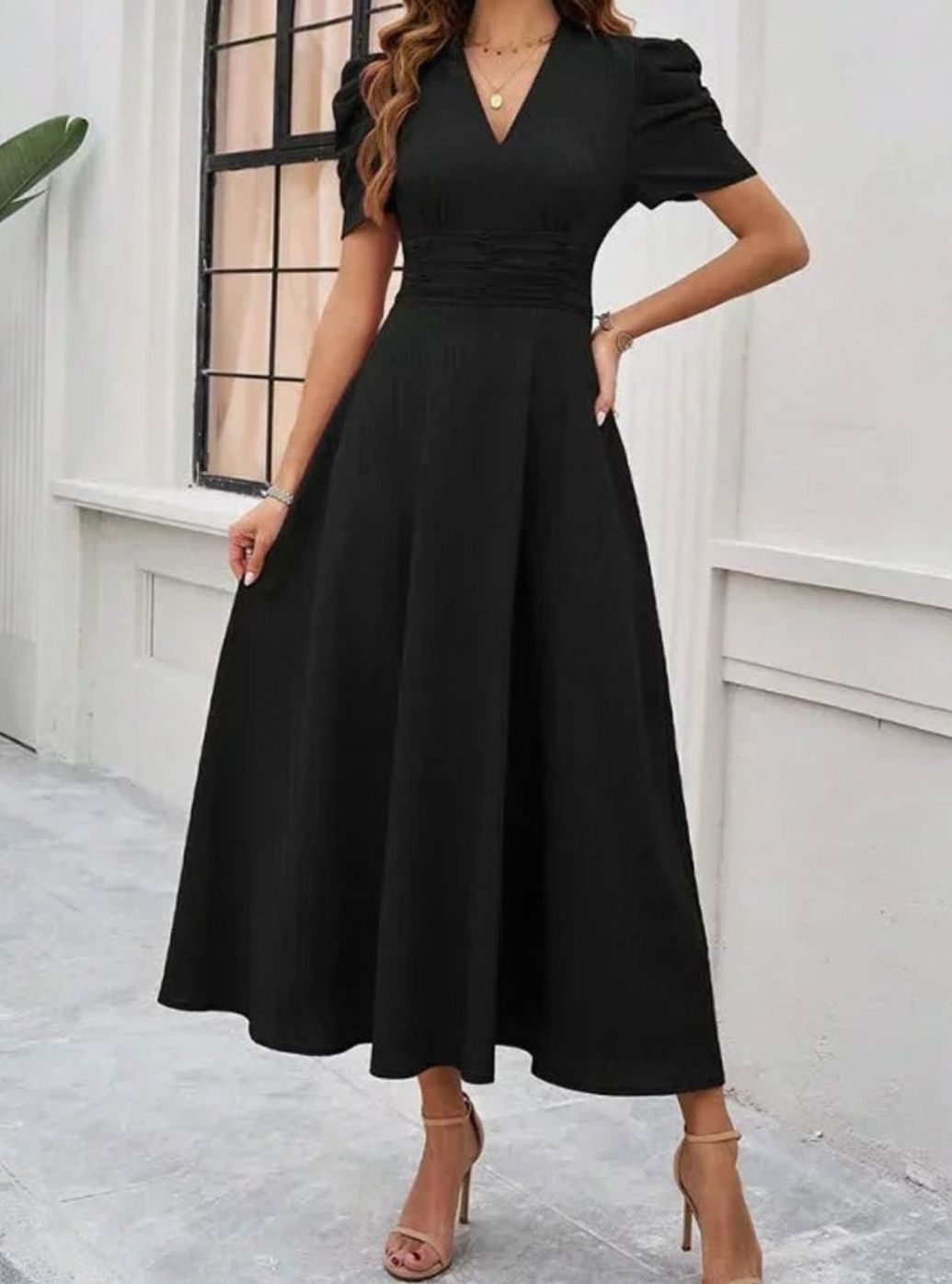 Women's V-Neck Puff Sleeve Ruched Waist A-Line Midi Dress