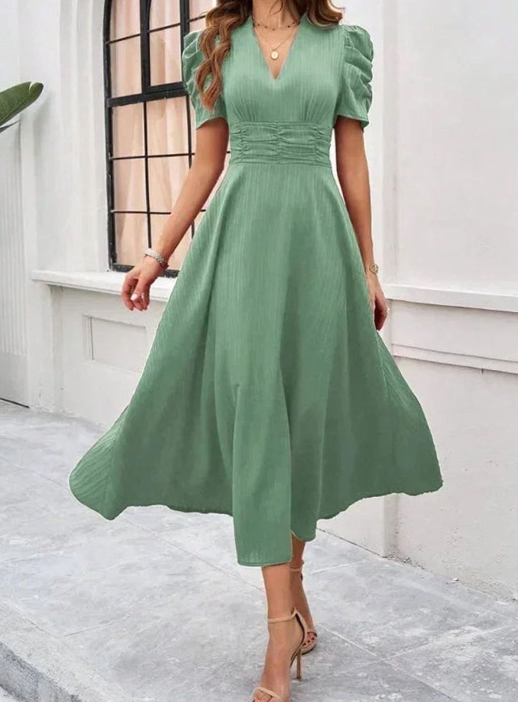 Women's V-Neck Puff Sleeve Ruched Waist A-Line Midi Dress