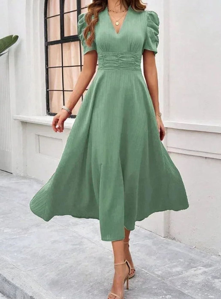 Women's V-Neck Puff Sleeve Ruched Waist A-Line Midi Dress