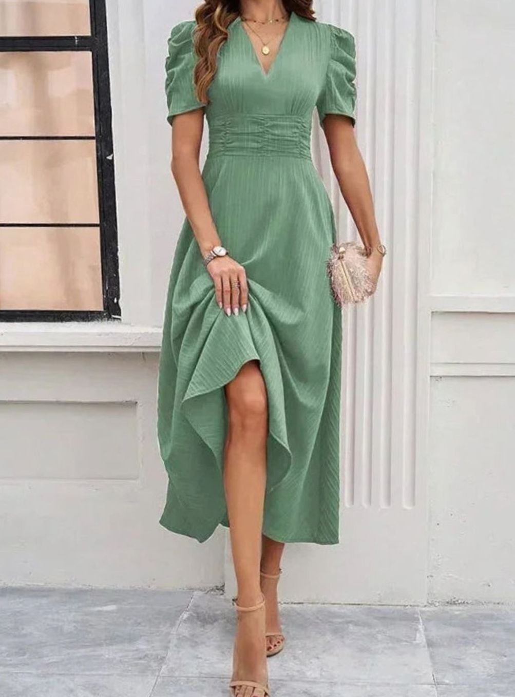 Women's V-Neck Puff Sleeve Ruched Waist A-Line Midi Dress