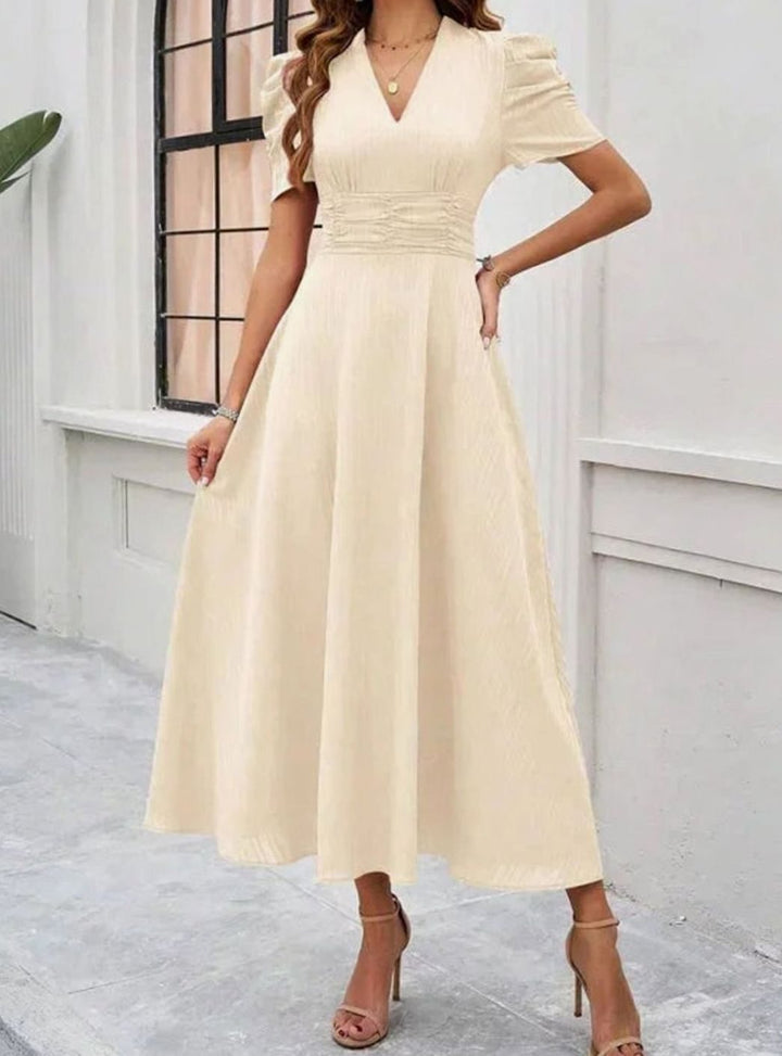 Women's V-Neck Puff Sleeve Ruched Waist A-Line Midi Dress