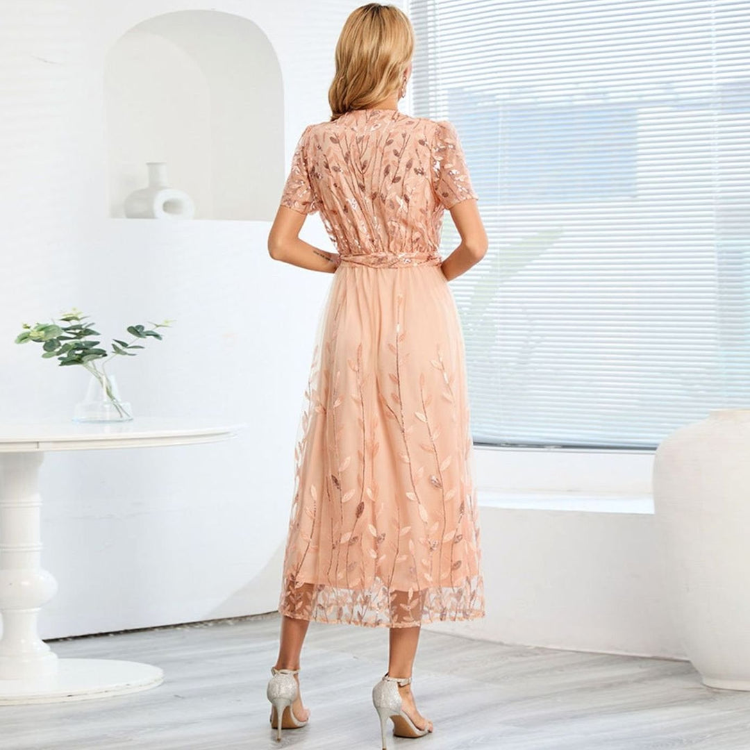 Women's V-Neck Sequin Belted Midi Dress Flutter Sleeves