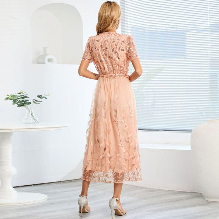 Women's V-Neck Sequin Belted Midi Dress Flutter Sleeves