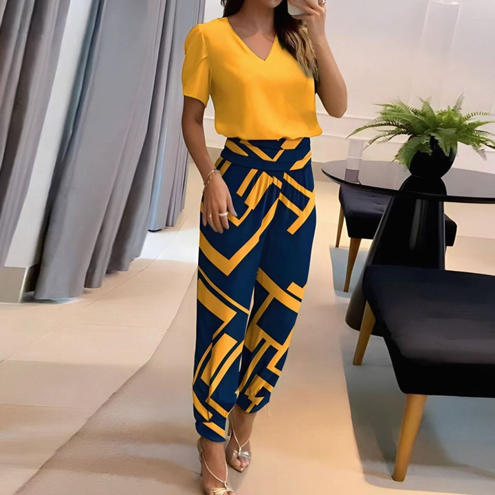 Women's V-Neck Short-Sleeve Blouse Wide-Leg Trousers Two-Piece Set - Yellow Blue Print (almost sold out)