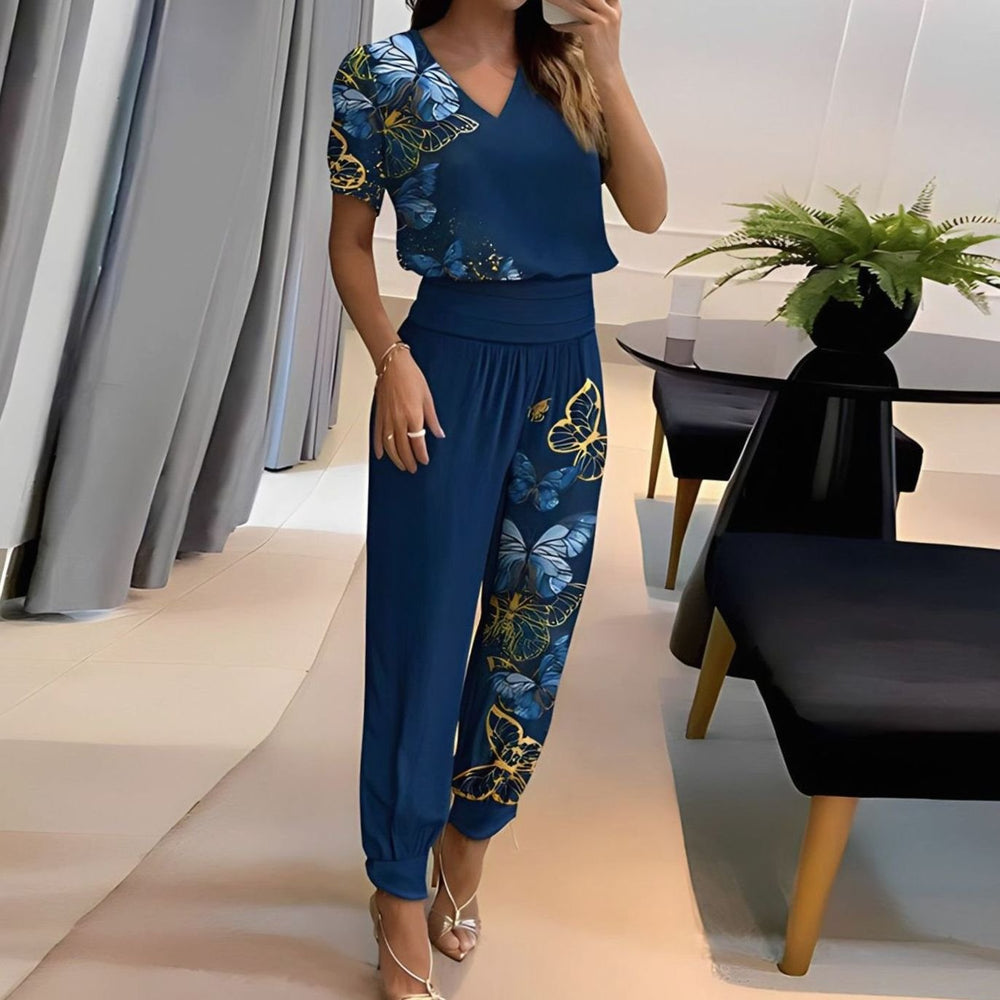 Women's V-Neck Short-Sleeve Blouse Wide-Leg Trousers Two-Piece Set - Blue (almost sold out)