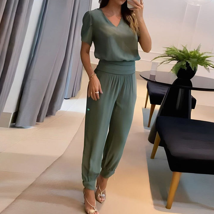Women's V-Neck Short-Sleeve Blouse Wide-Leg Trousers Two-Piece Set - Olive Green