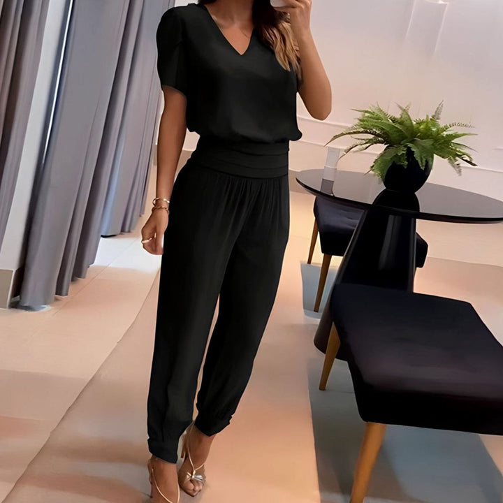 Women's V-Neck Short-Sleeve Blouse Wide-Leg Trousers Two-Piece Set - Black