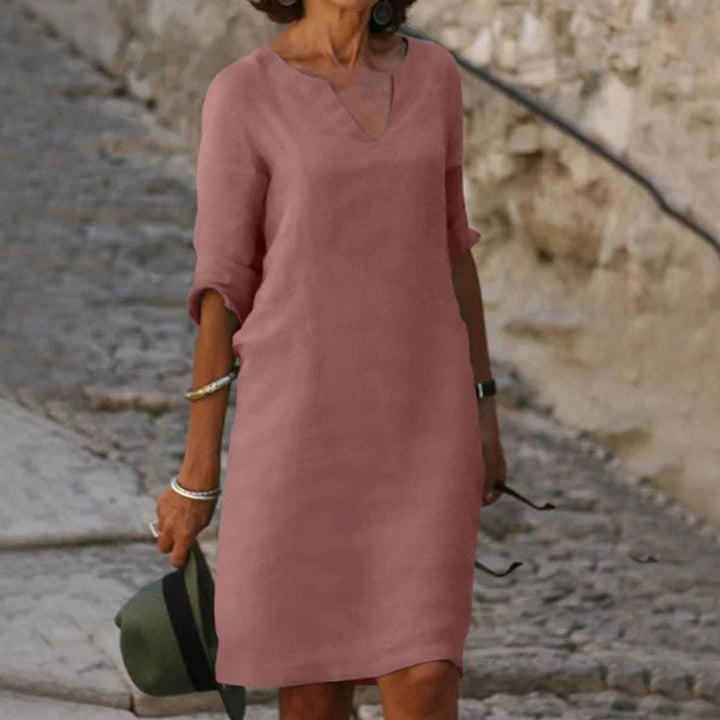 Women's V-Neck Short Sleeve Midi Shift Dress - Pink
