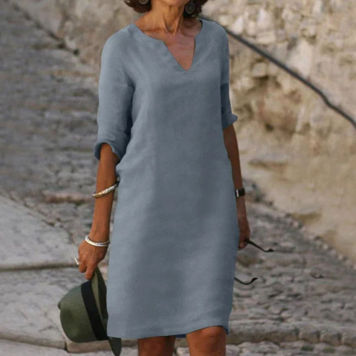 Women's V-Neck Short Sleeve Midi Shift Dress - Grey