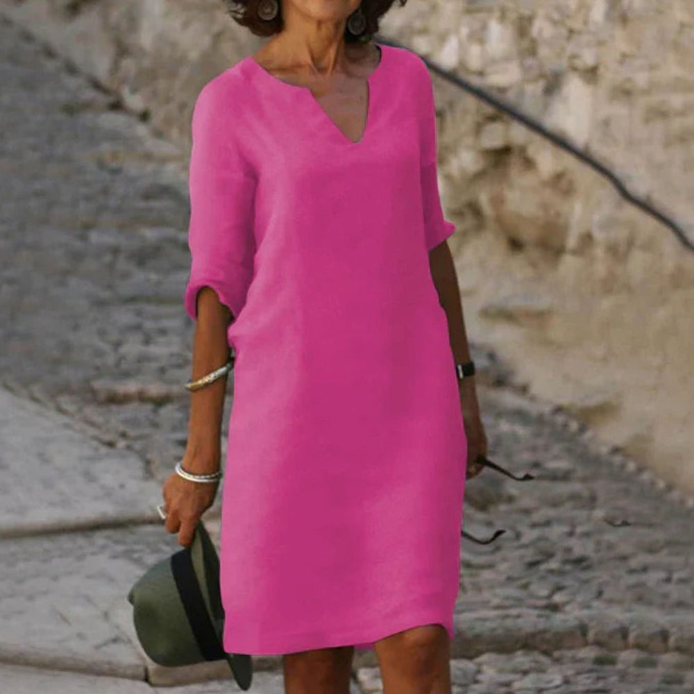 Women's V-Neck Short Sleeve Midi Shift Dress - Purple