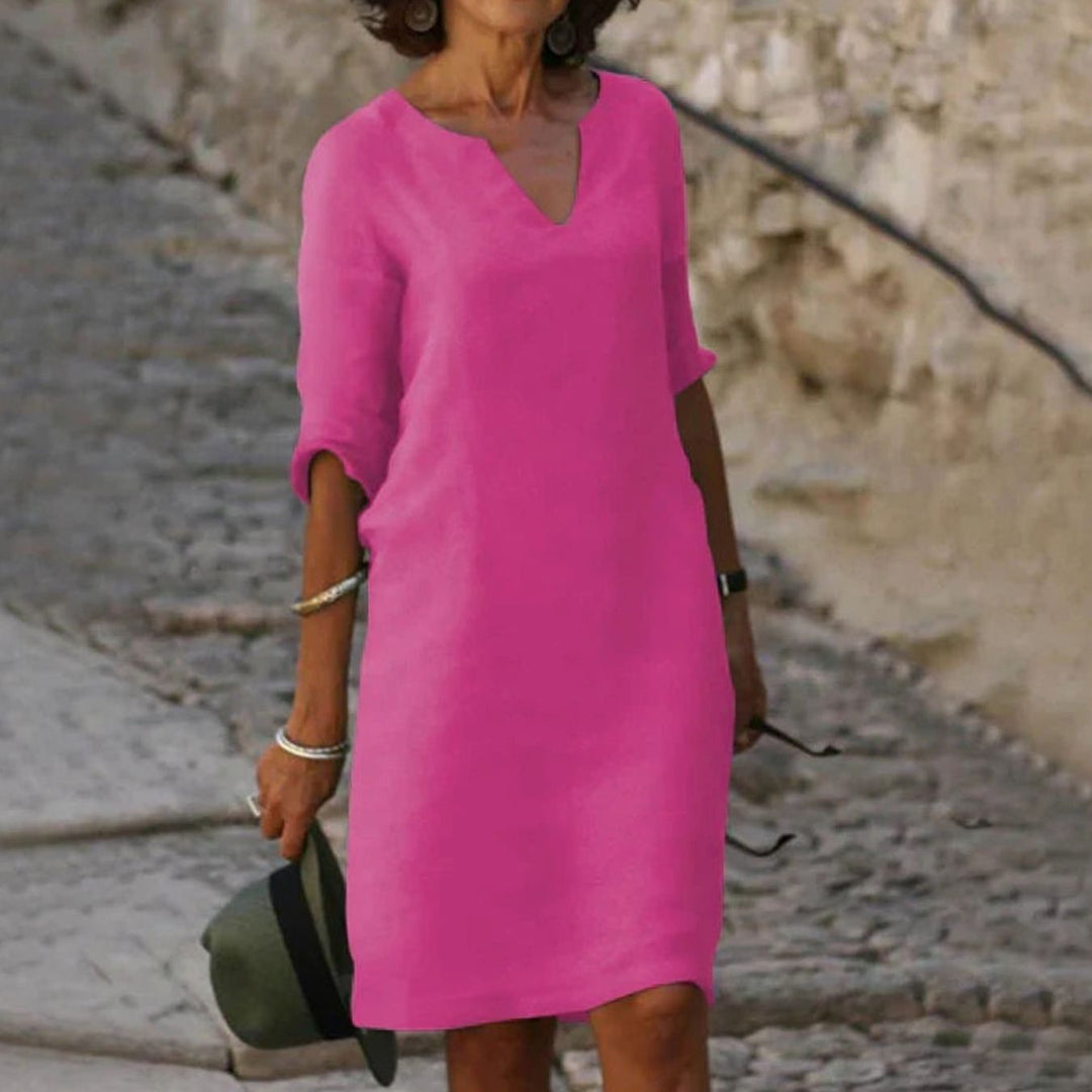 Women's V-Neck Short Sleeve Midi Shift Dress - Purple