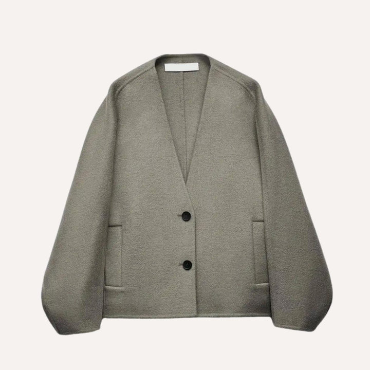 Women's V-Neck Two-Button Relaxed Wool-Look Jacket - Khaki